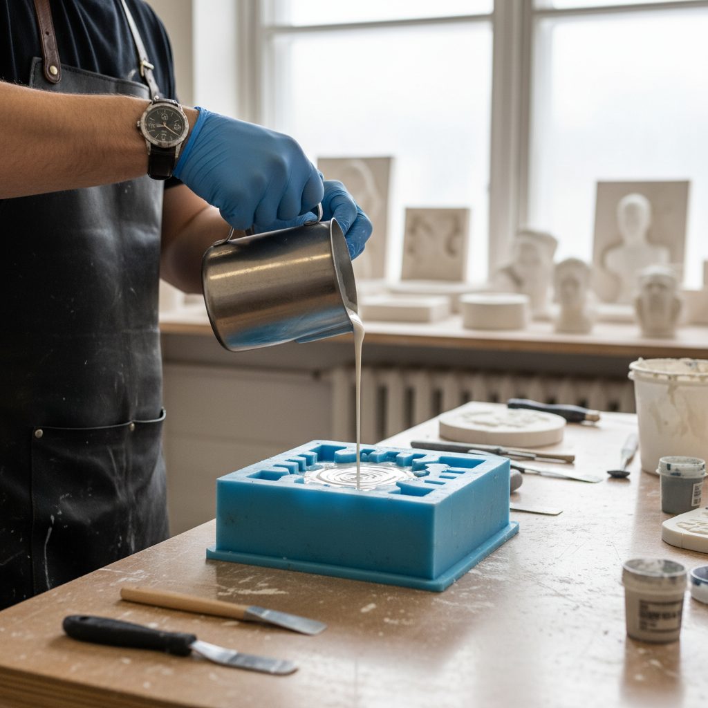 전문적인 공방 작업대 위에서 실리콘 몰드에 액체 석고를 정교하게 붓고 있는 예술가의 손을 클로즈업한 장면으로 깨끗하고 밝은 배경의 고해상도 이미지