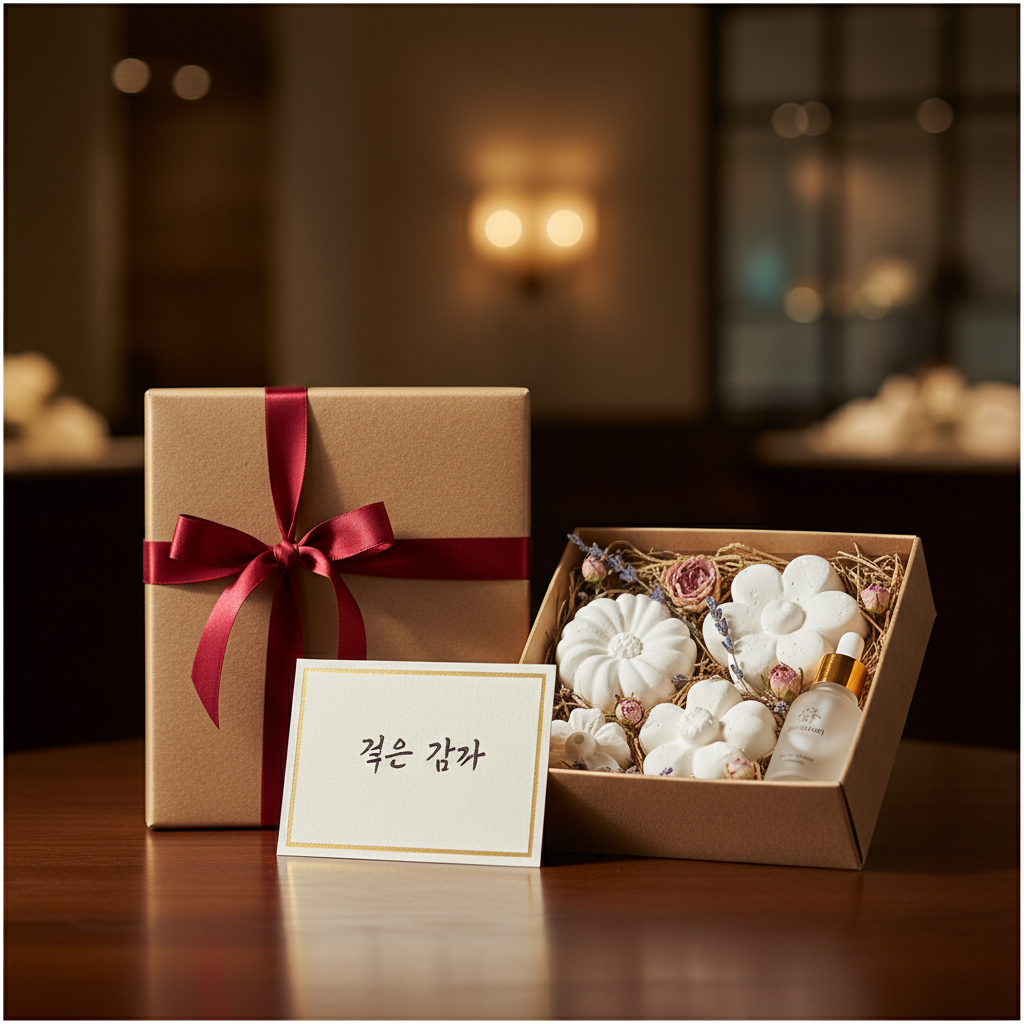 고급스러운 크라프트지 박스에 리본과 함께 정성스럽게 포장된 석고 방향제 선물 세트가 감사 카드와 함께 놓인 상업용 수준의 고품질 이미지