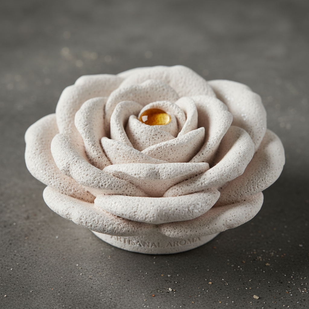 정교하게 조각된 장미 꽃잎 모양 석고 방향제의 표면 질감을 극대화한 매크로 촬영으로 무광의 부드러운 질감과 섬세한 디테일이 돋보이는 고화질 사진