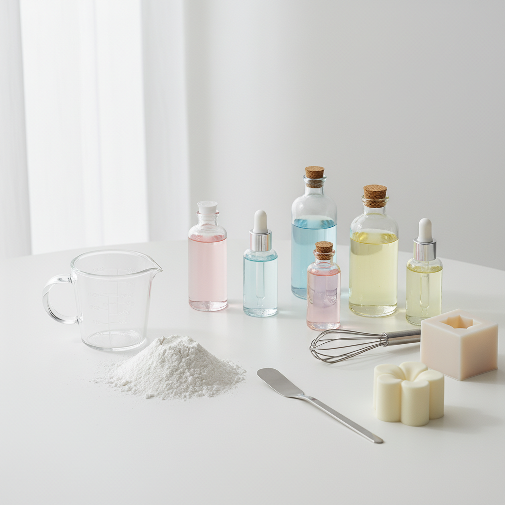 흰색 석고 가루와 유리 계량컵 그리고 여러 종류의 투명한 향료 병들이 화이트 톤의 깔끔한 테이블 위에 배치된 석고 방향제 제작 도구 세트 이미지