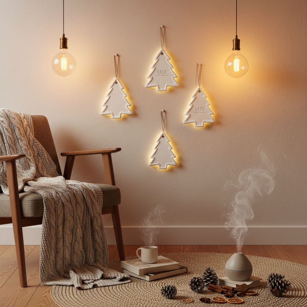 따뜻한 색감의 전구 조명 아래 벽면에 걸려 있는 크리스마스 트리 모양의 석고 방향제와 포근한 겨울 인테리어 소품들이 어우러진 아늑한 분위기의 사진
